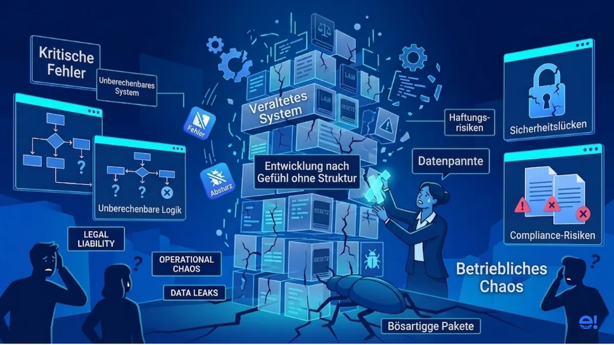 Infografik zu den Risiken von Vibe Coding ohne Struktur wie Sicherheitslücken Programmierfehler und Compliance-Probleme