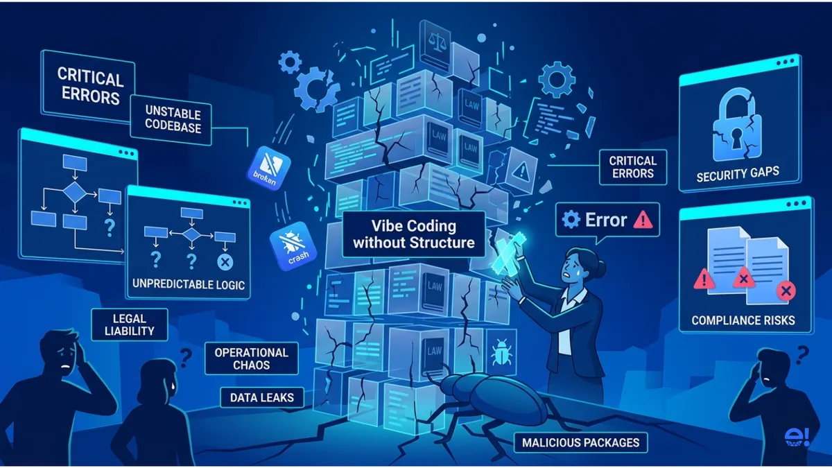 Infographic depicting the risks of unstructured Vibe Coding including security gaps bugs and compliance issues