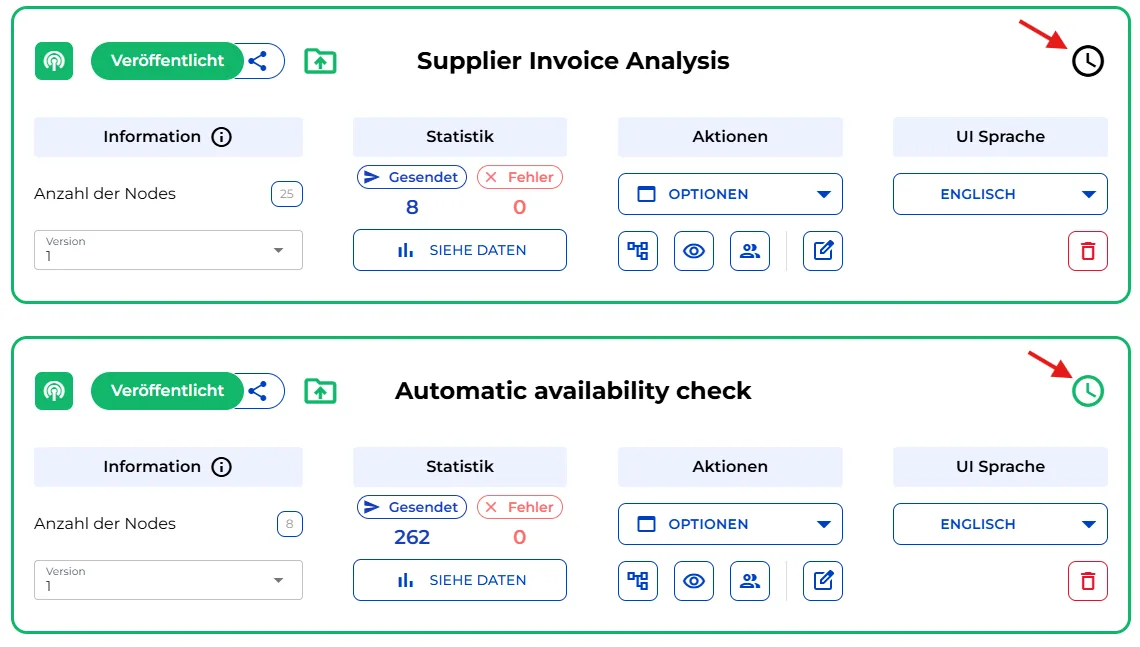 The clock icon on two published bot cards: green when a schedule is active, black when none is set yet
