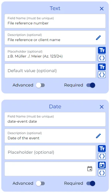 Case reference and event date fields