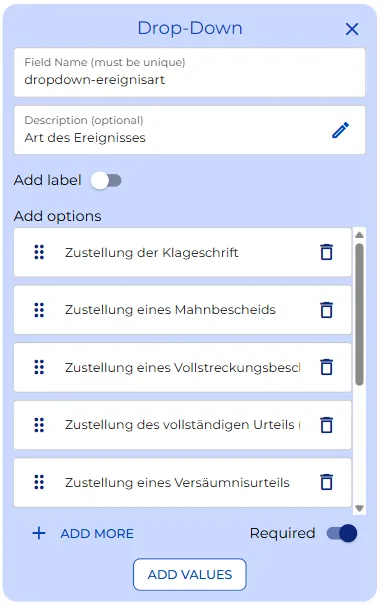 Auswahlmenü für die Ereignisart