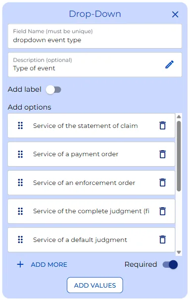 Event type dropdown