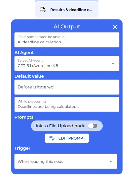 AI Output node configuration for the deadline calculation