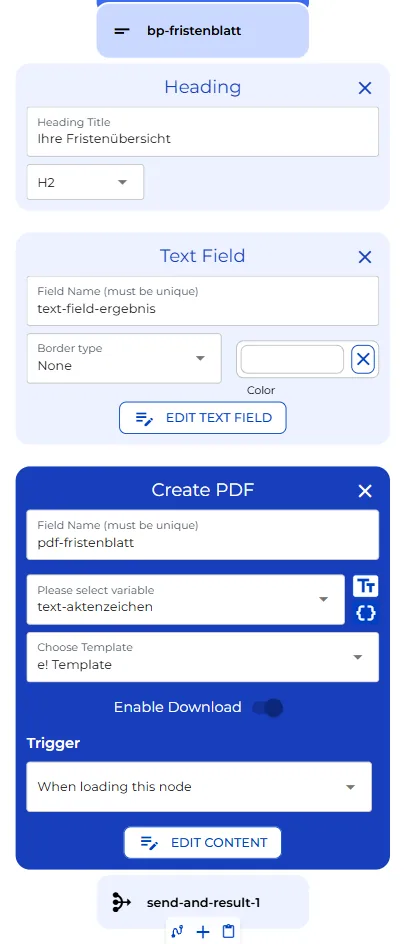 Heading-, Textfeld- und Create-PDF-Knoten für das Fristenblatt