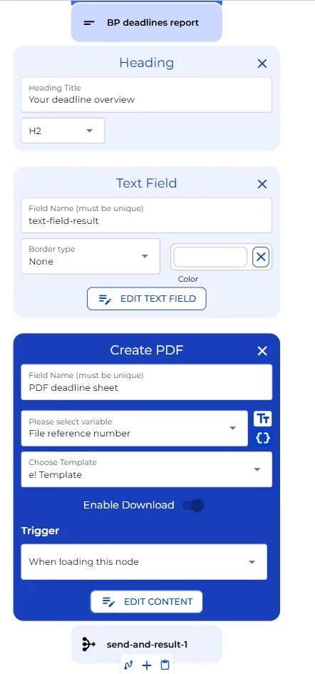 Heading, text field, and Create PDF nodes for the deadline sheet