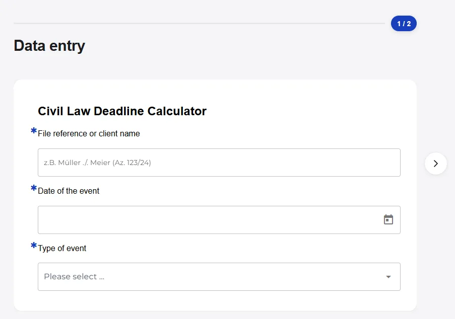Data entry screen on the Civil Law Deadline Calculator front end