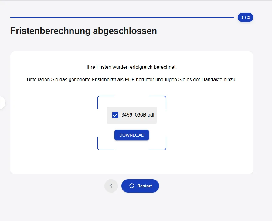 Abschlussbildschirm mit dem generierten PDF-Fristenblatt zum Download