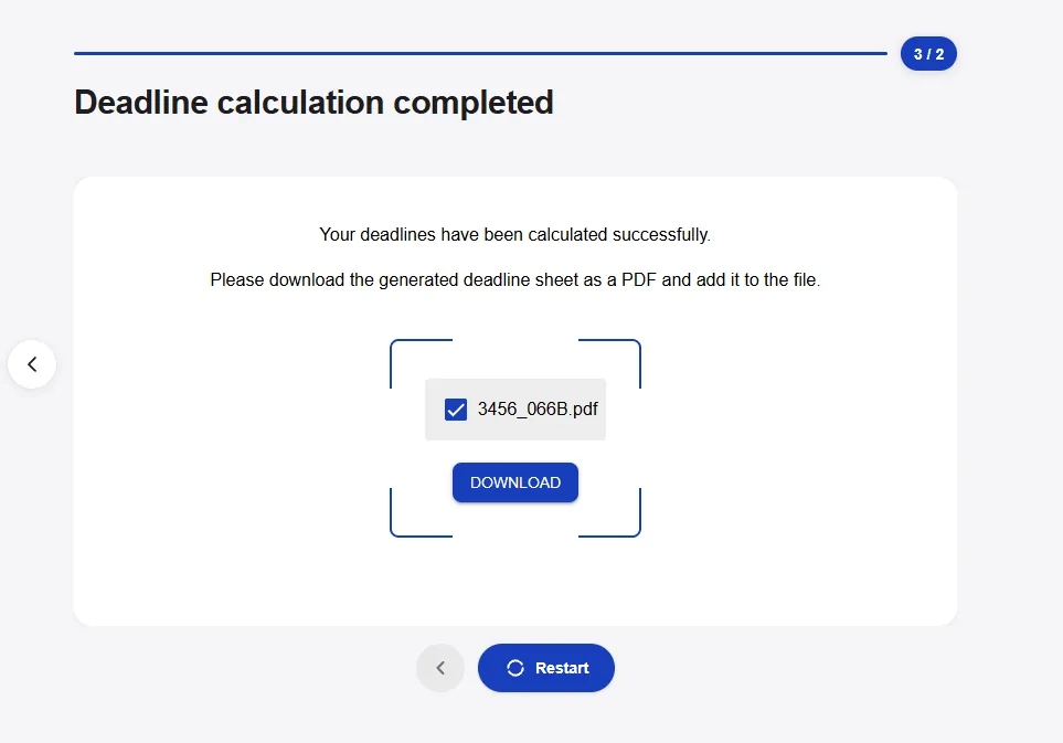 Completion screen with the generated PDF deadline sheet ready to download