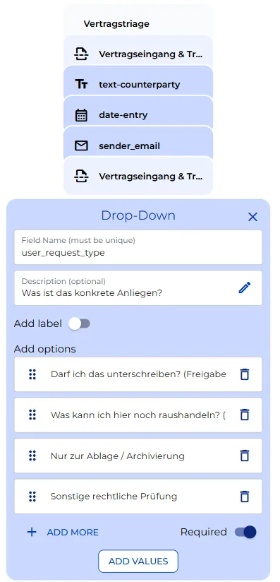 Erfassungsfelder und die Konfiguration des Anliegen-Dropdowns im Bot-Builder