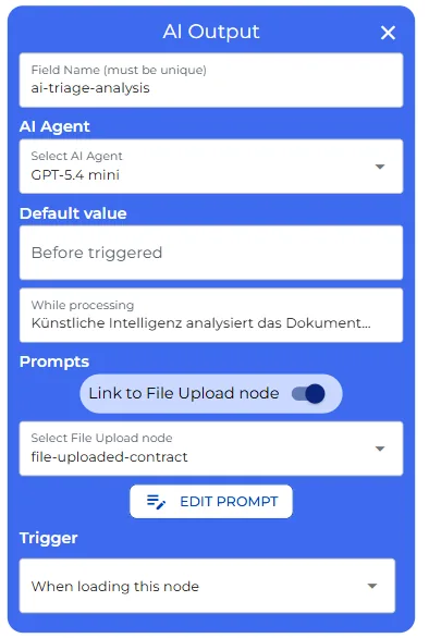 Konfiguration des AI-Output-Knotens für die Triage-Analyse, verknüpft mit dem Datei-Upload-Knoten
