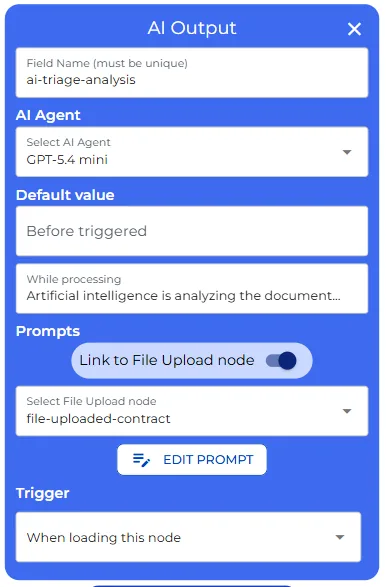 AI Output node configuration for the triage analysis, linked to the file upload node