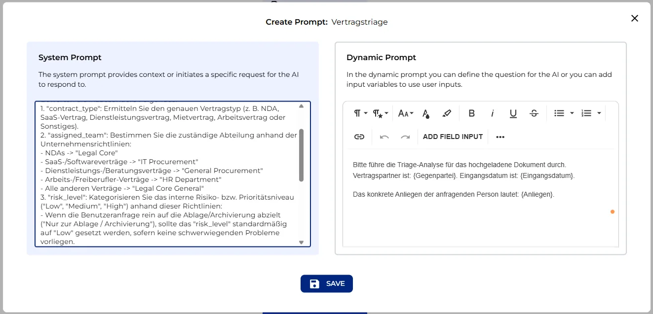 System-Prompt- und Dynamic-Prompt-Konfiguration für die Vertragstriage-Analyse