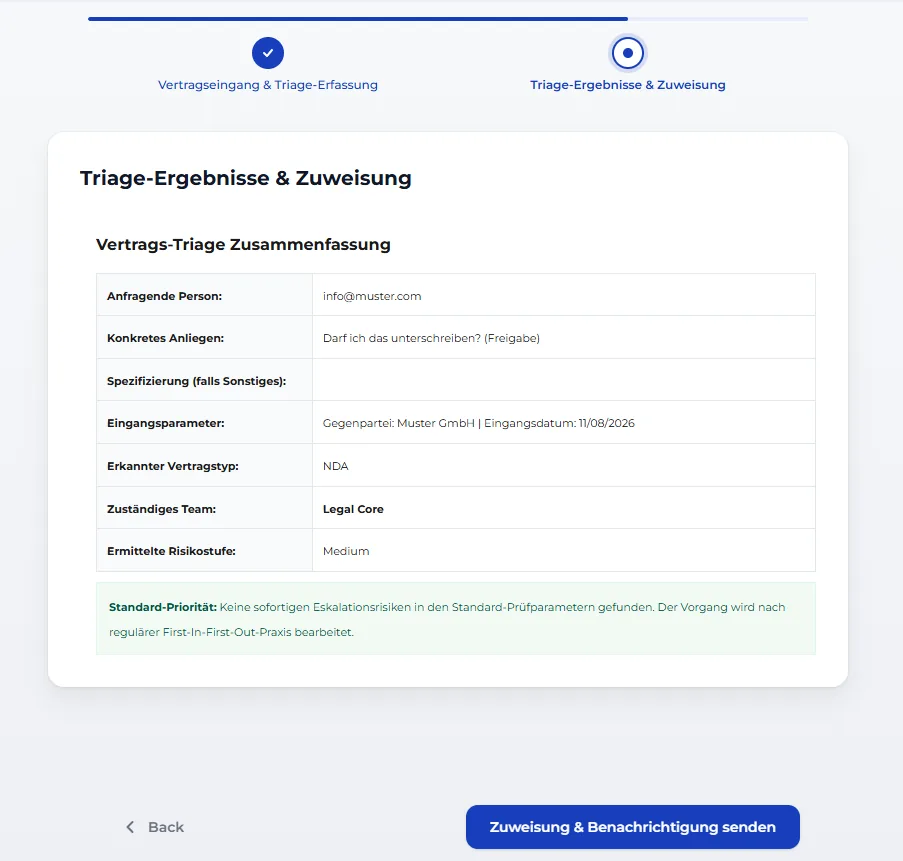 Bildschirm mit Triage-Ergebnissen und Zuweisung, mit der Vertrags-Triage-Zusammenfassung aus Vertragstyp, Team und Risikostufe
