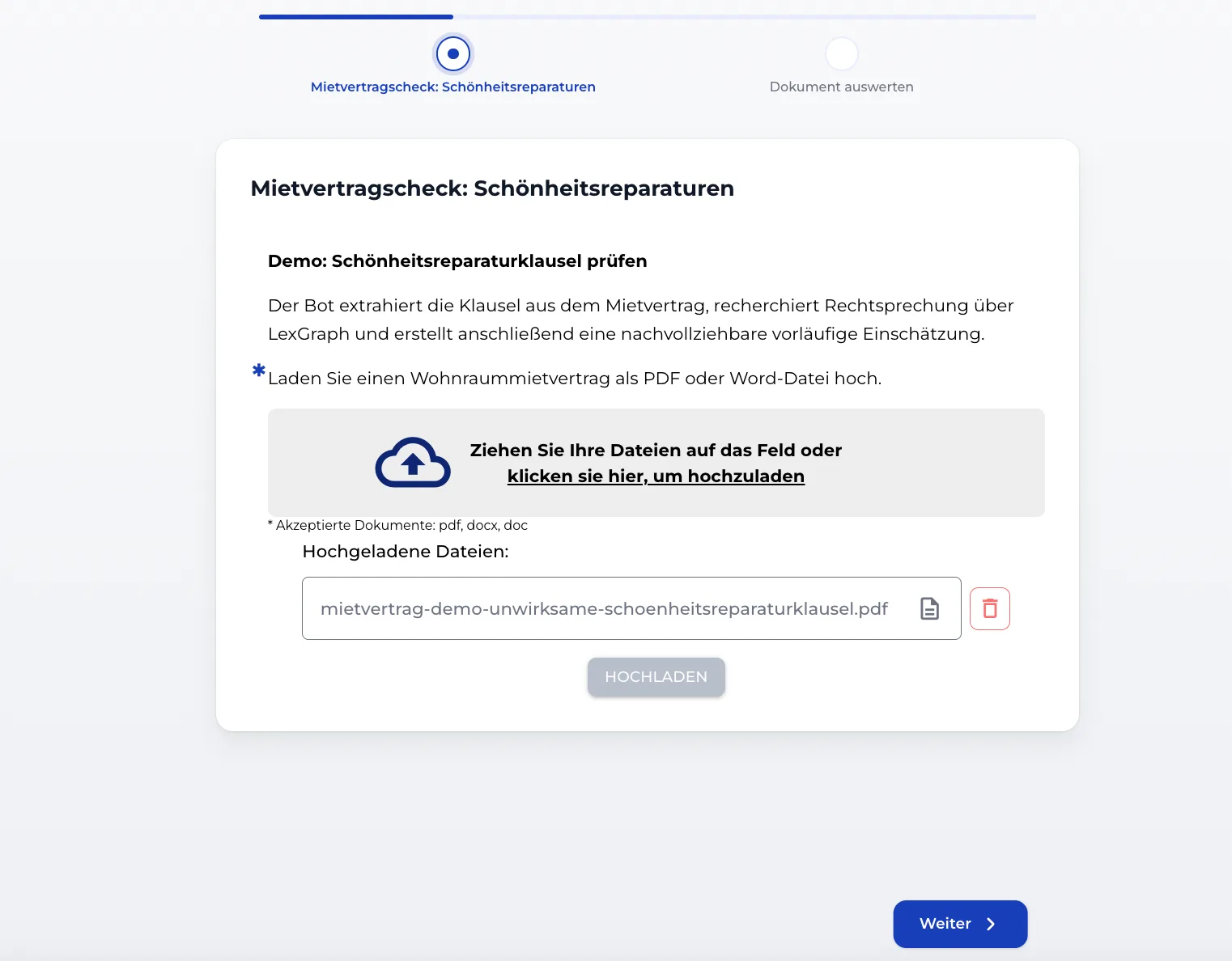 Startseite des Bots mit Einleitung und Pflicht-Upload für den Mietvertrag