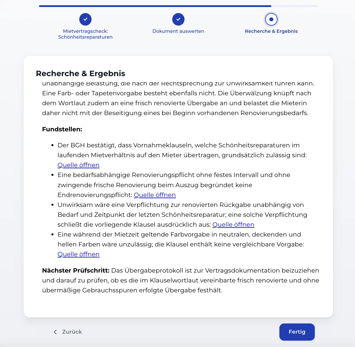 Sources section of the assessment, each with an Open source link, followed by the next step