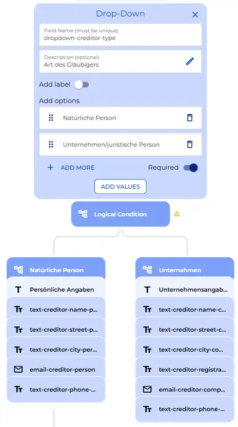 Creditor type dropdown and logic node showing the individual and company branches with their respective input fields