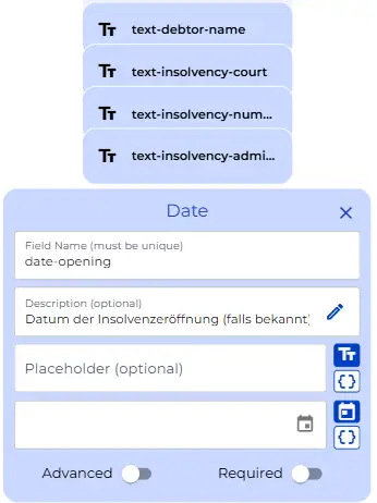 Insolvency case details section showing the five input fields for debtor name, court, case number, administrator, and opening date