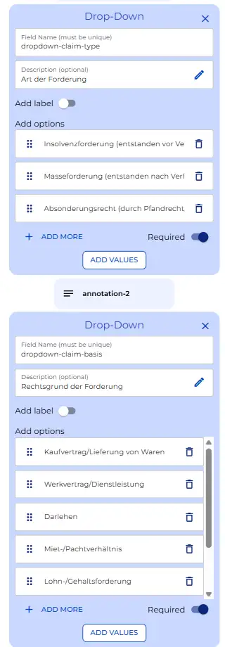Claim type dropdown with annotation node and legal basis dropdown showing the conditional other field