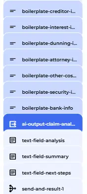Boilerplate assembly nodes feeding into the AI analysis node configuration with the § 174 f. InsO system prompt