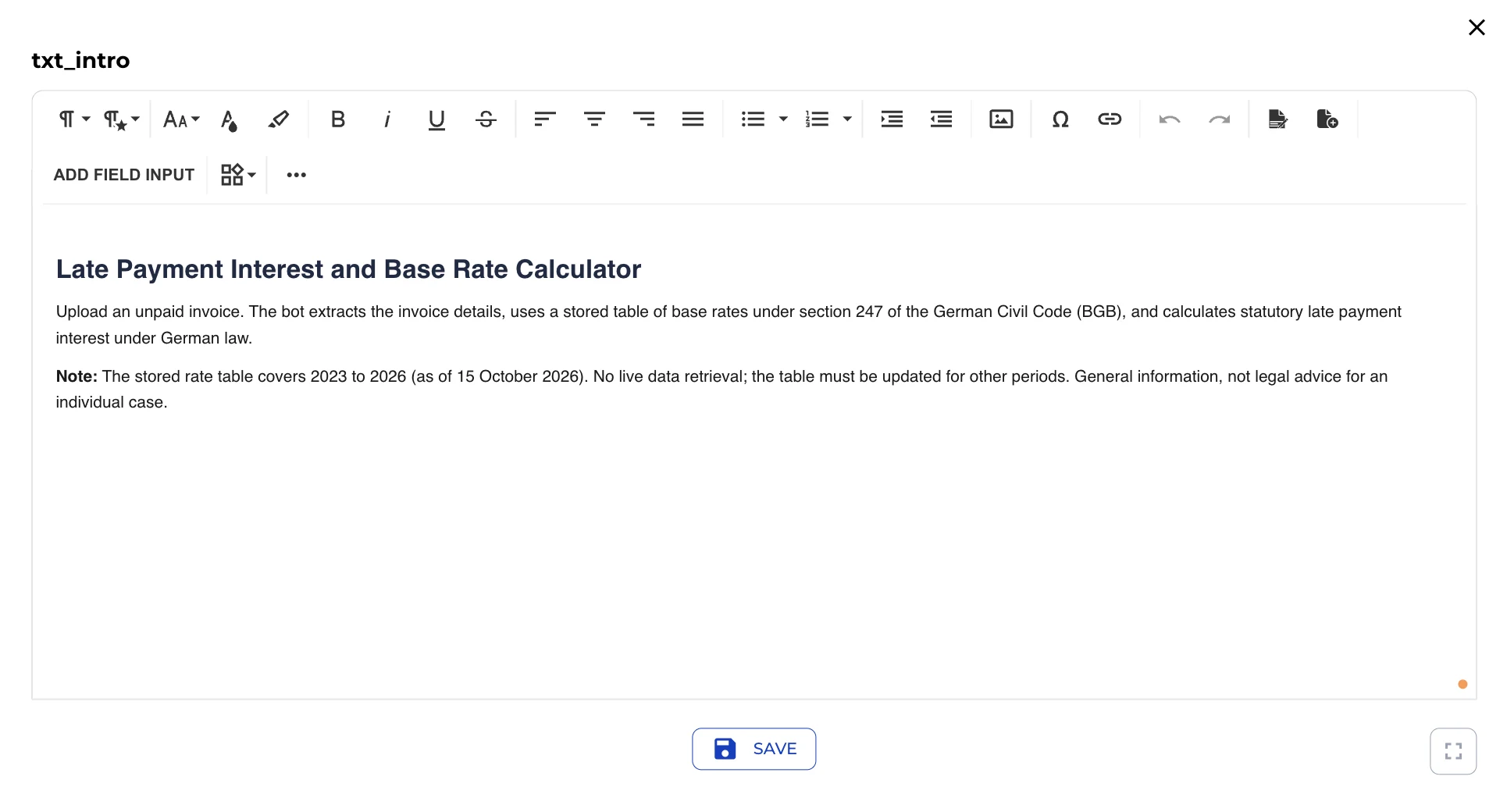 Text Field node txt_intro with the introduction and the note on the rate table's coverage