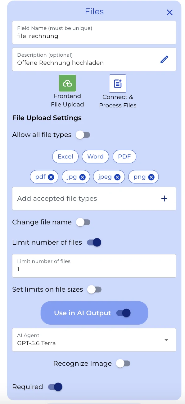 Konfiguration des Upload-Knotens file_rechnung: PDF und Bildformate, auf eine Datei begrenzt, Pflichtfeld