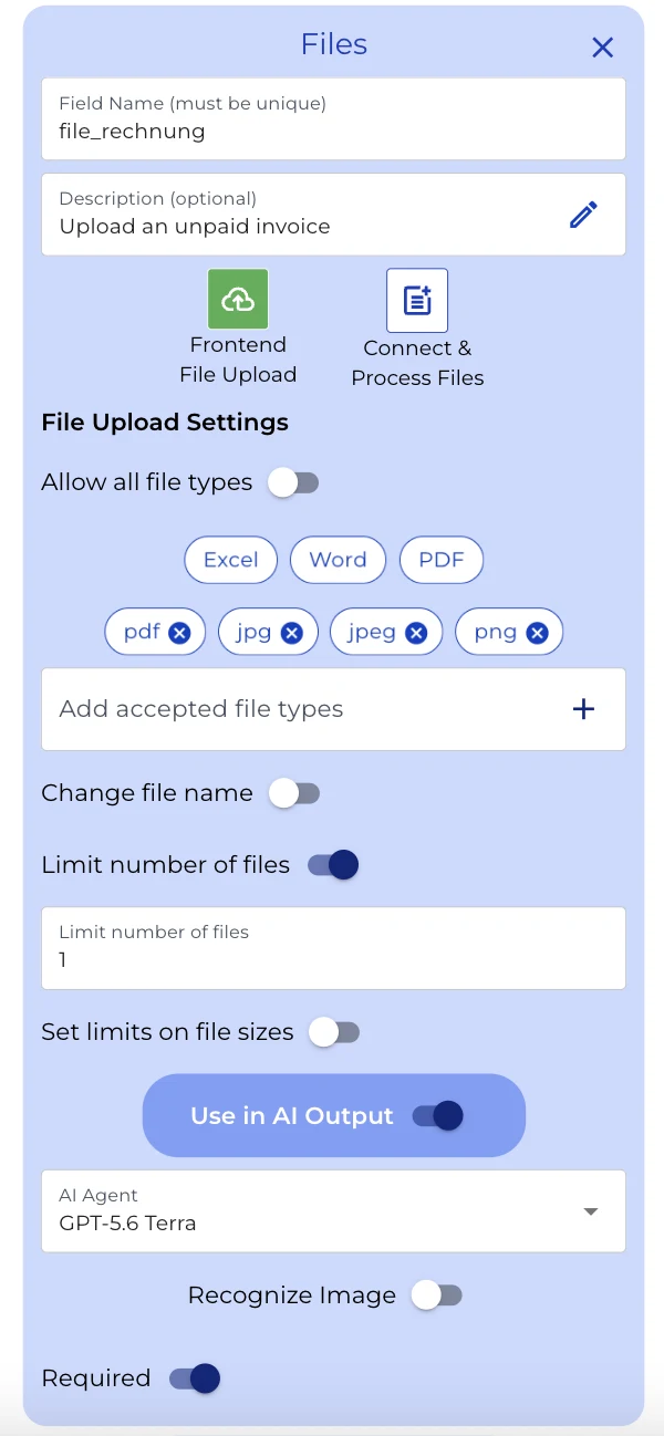 File Upload node file_rechnung: PDF and image formats, capped at one file, required