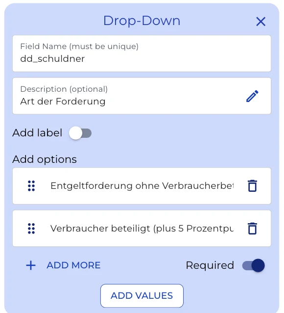 Dropdown-Knoten dd_schuldner mit den beiden Forderungsarten