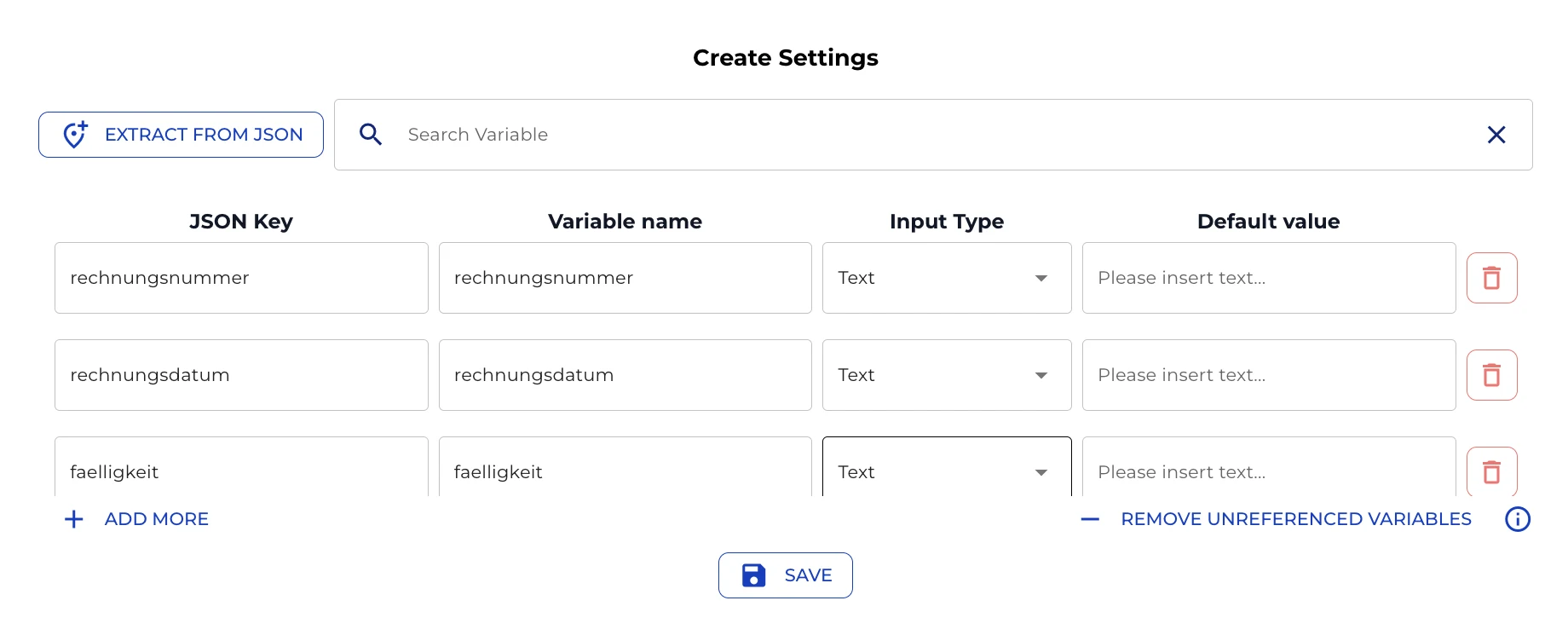 Variablen-Mapper, der die JSON-Schlüssel benannten Variablen zuordnet