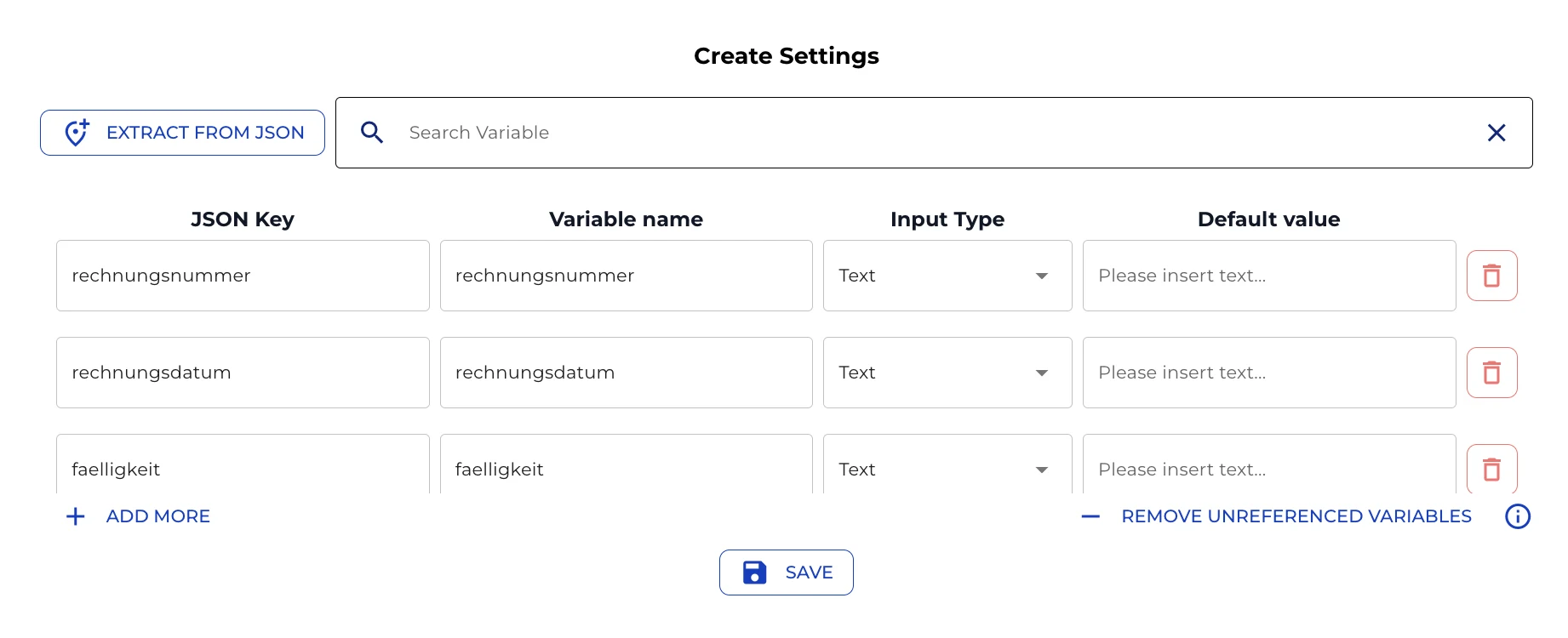 Variable Mapper linking each JSON key to a named variable