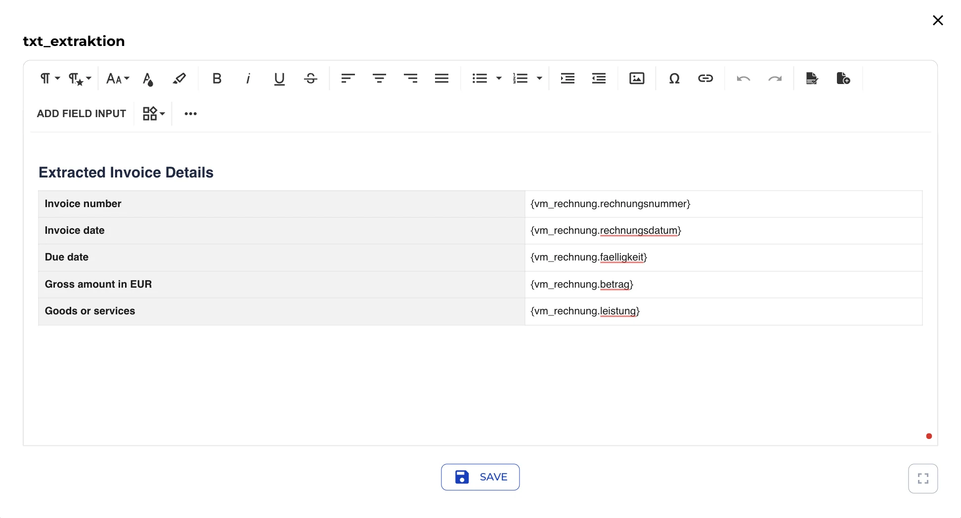 Text Field node txt_extraktion with the Extracted Invoice Details table and inserted variables