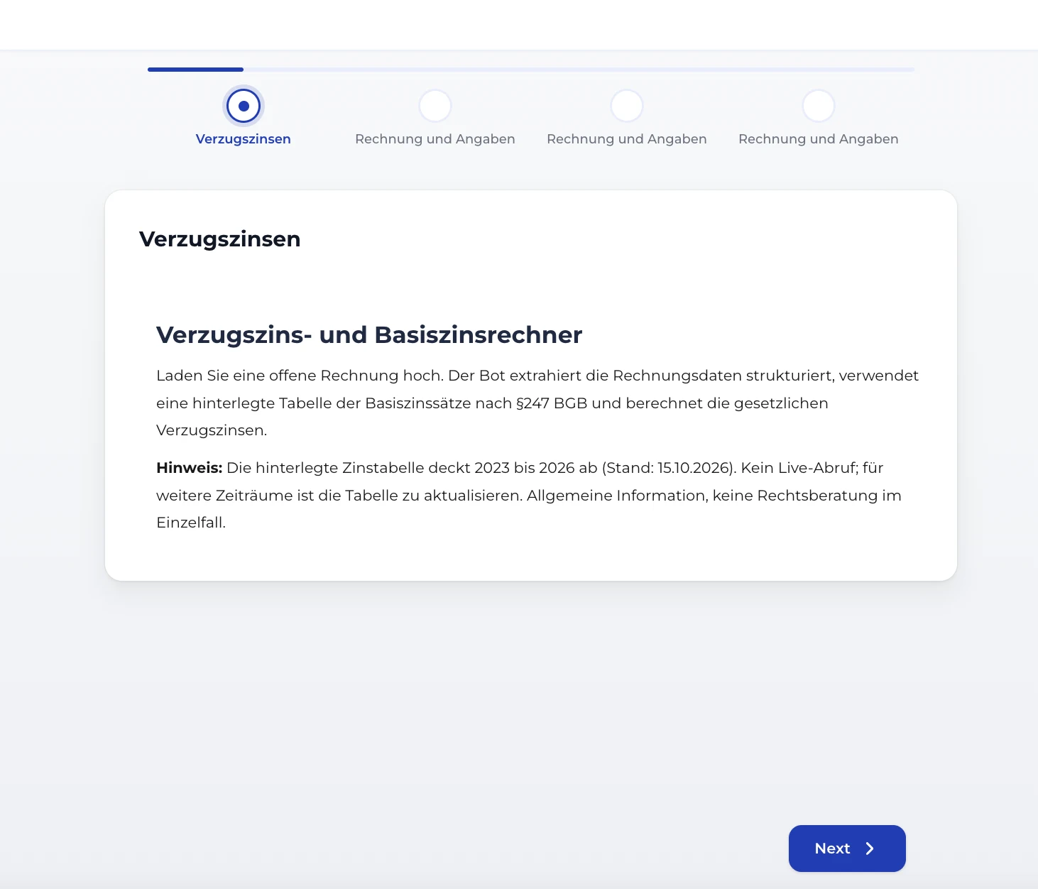 Startseite des Bots mit Einleitung und Hinweis zur Zinstabelle