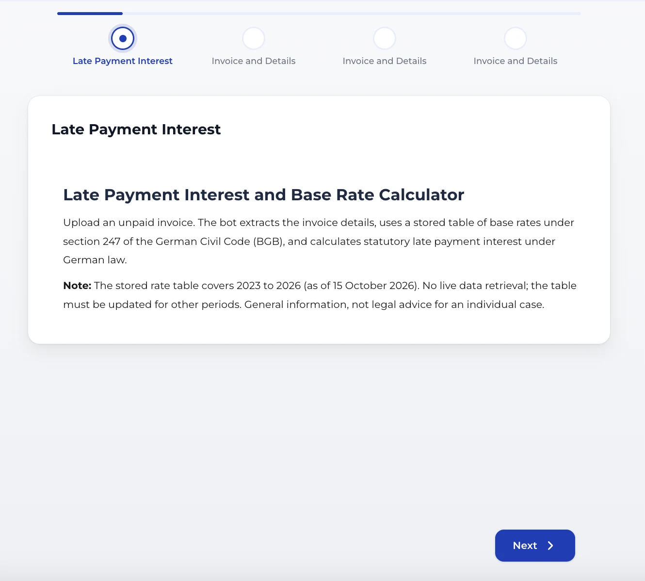 Start screen of the bot with the introduction and the note on the rate table