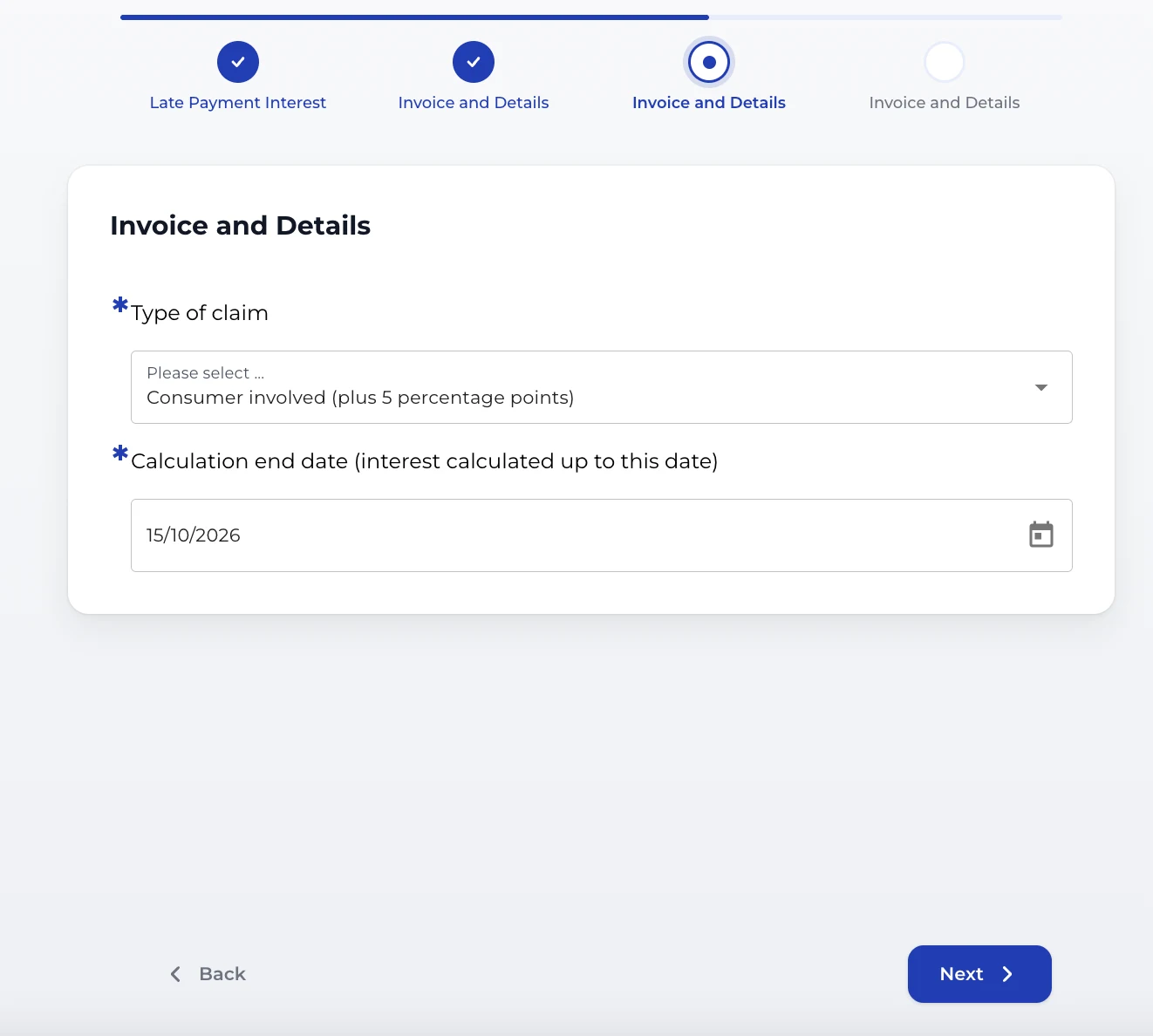 Type of claim and calculation end date filled in