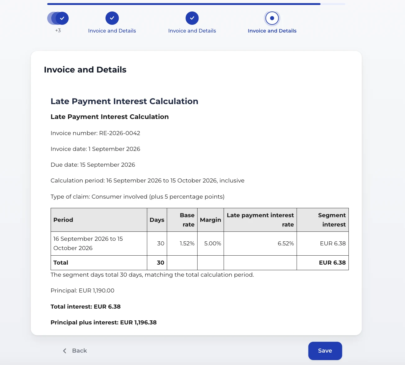 Late payment interest calculation with the calculation period, segment table, total row and totals