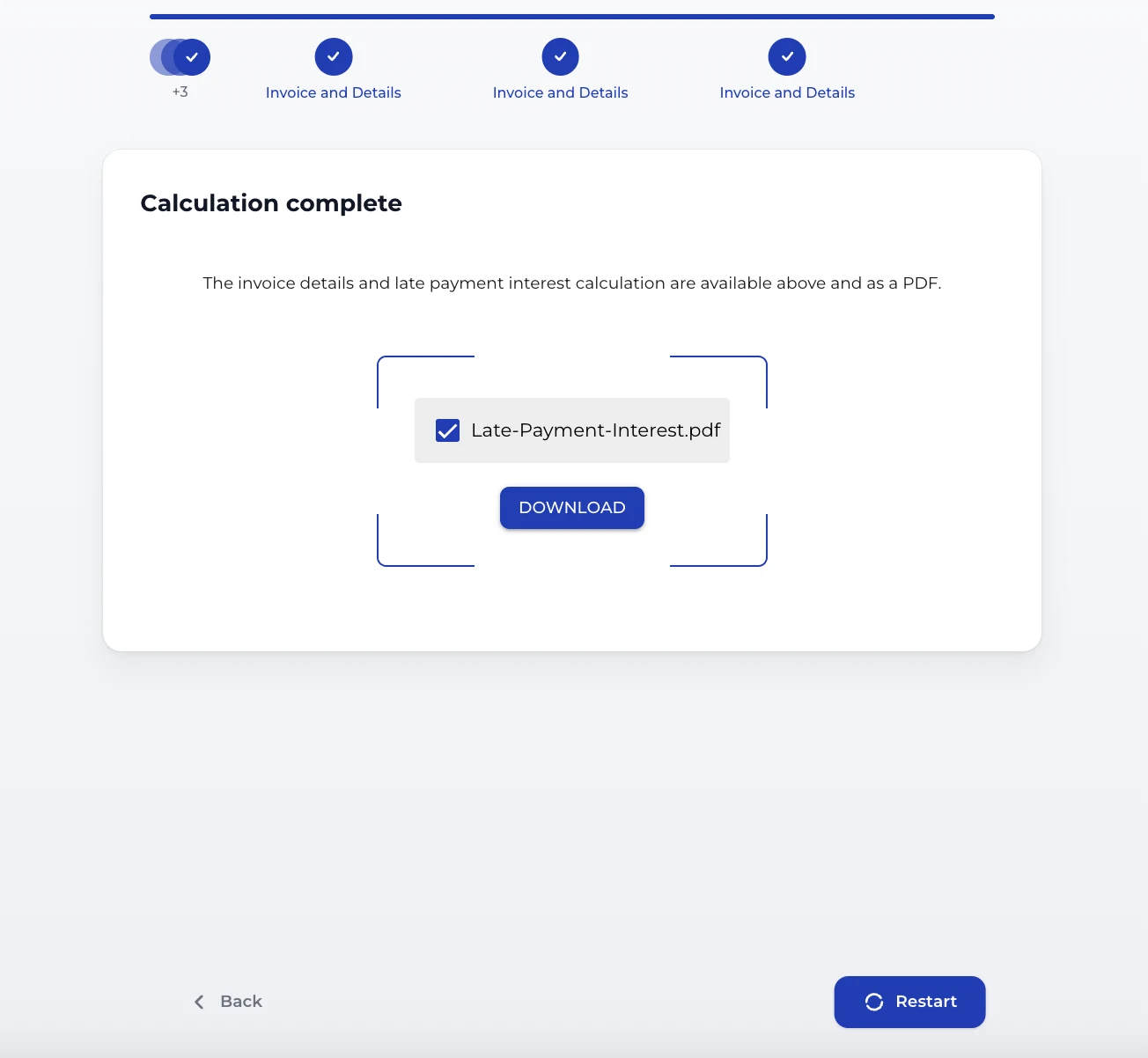 Completion screen with Late-Payment-Interest.pdf ready to download