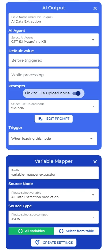 AI extraction step configuration showing the structured JSON output fields mapped to individual variables