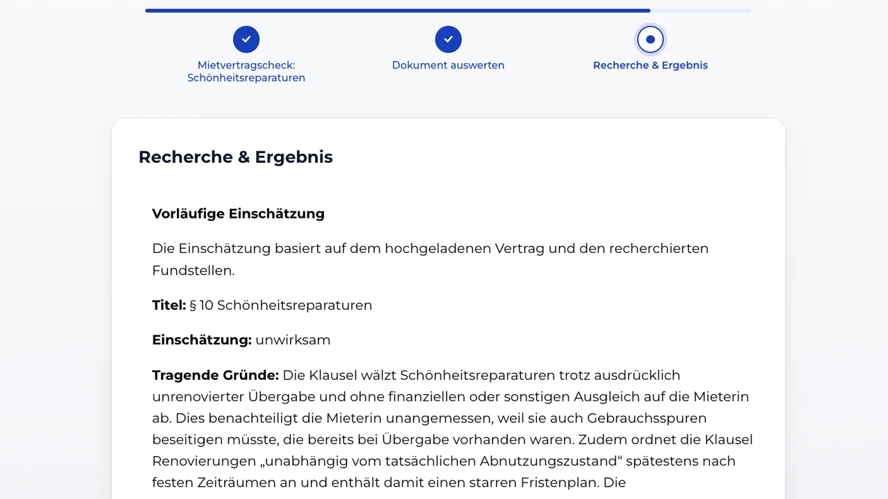 Schönheitsreparaturklausel prüfen: Automatisierte Recherche mit KI