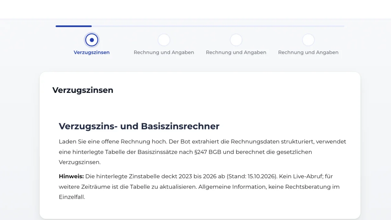 Verzugszinsen berechnen: Rechnung hochladen, PDF erhalten