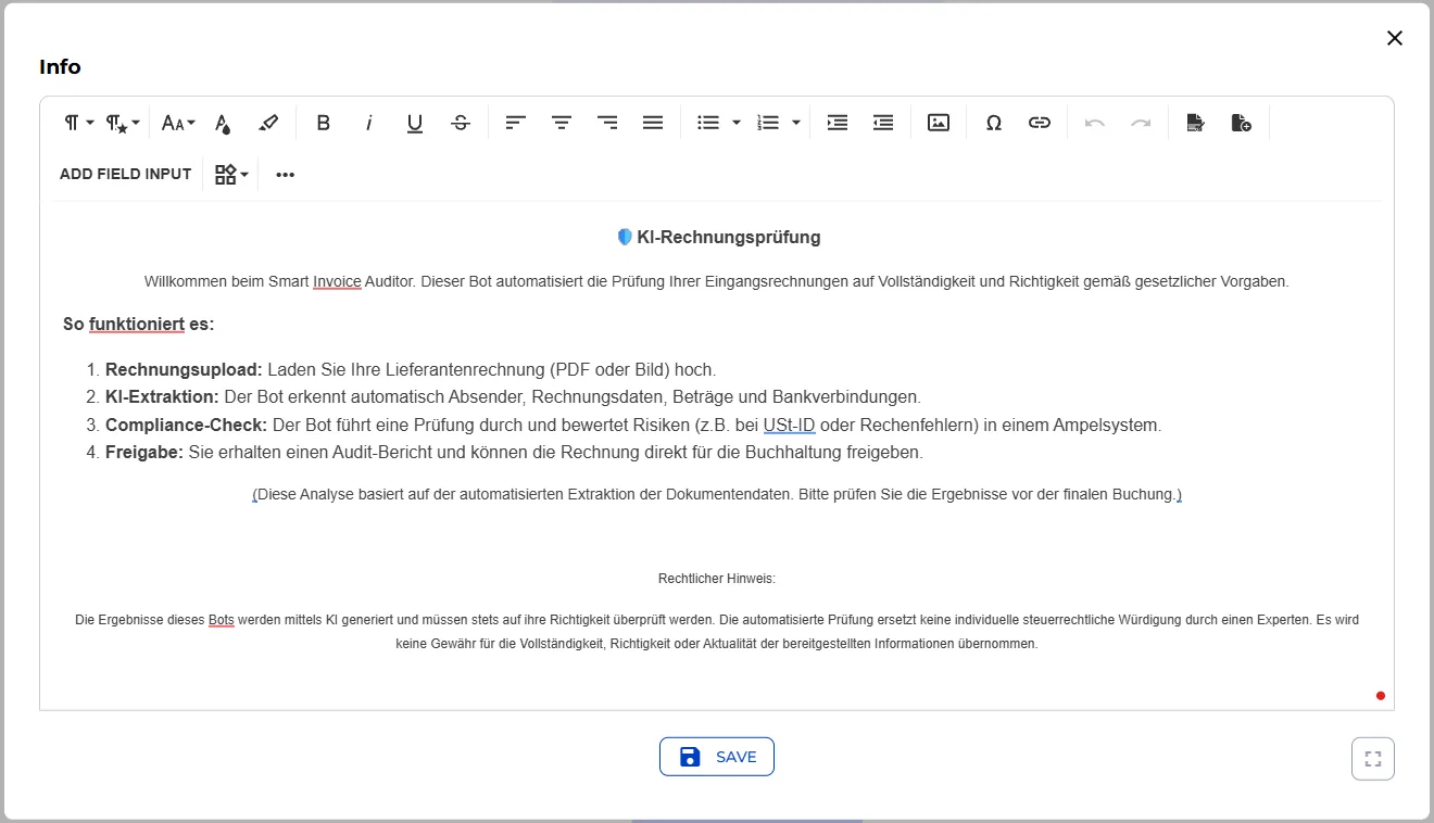 Willkommenstext und rechtlicher Hinweis im Info-Textfeld konfiguriert