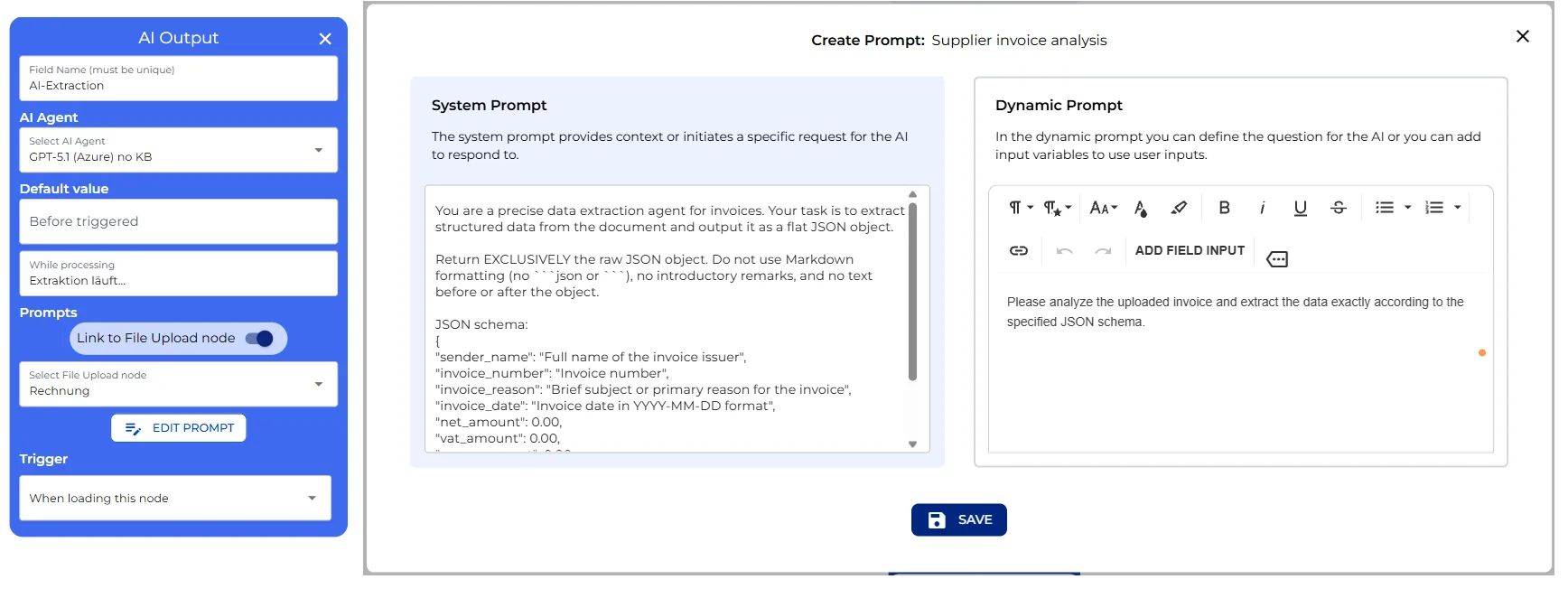 AI Output node system prompt and dynamic prompt for invoice data extraction
