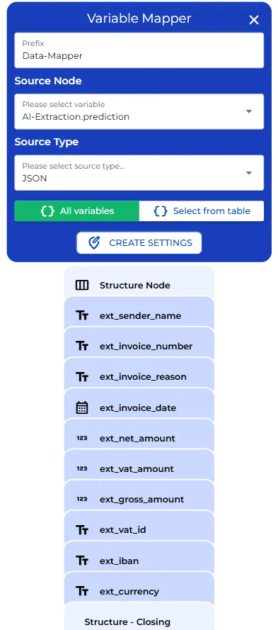 Variable mapper and structure node with the extracted invoice fields