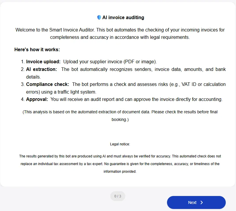 Welcome screen on the Smart Invoice Auditor front end
