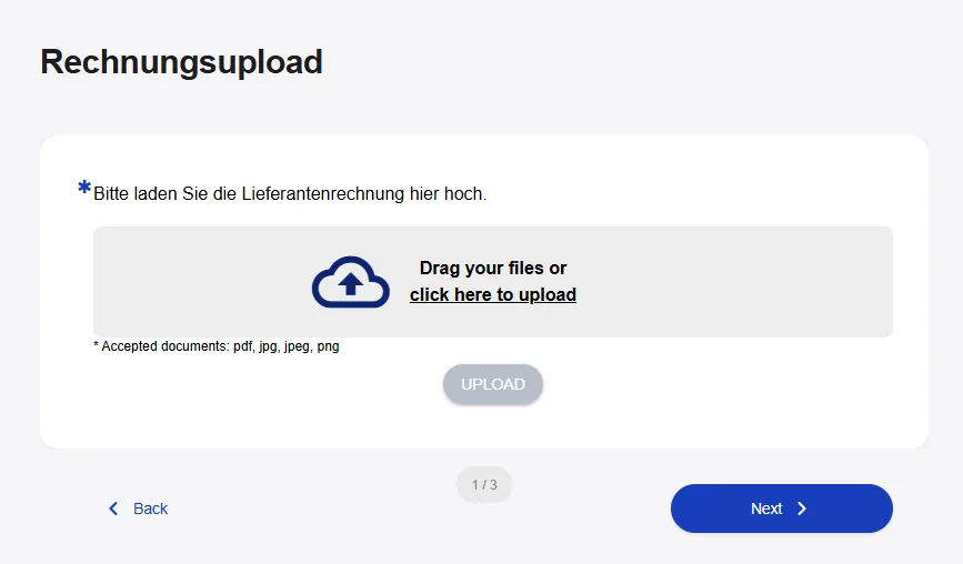 Rechnungsupload-Schritt im Frontend des Smarten Eingangsrechnungsprüfers